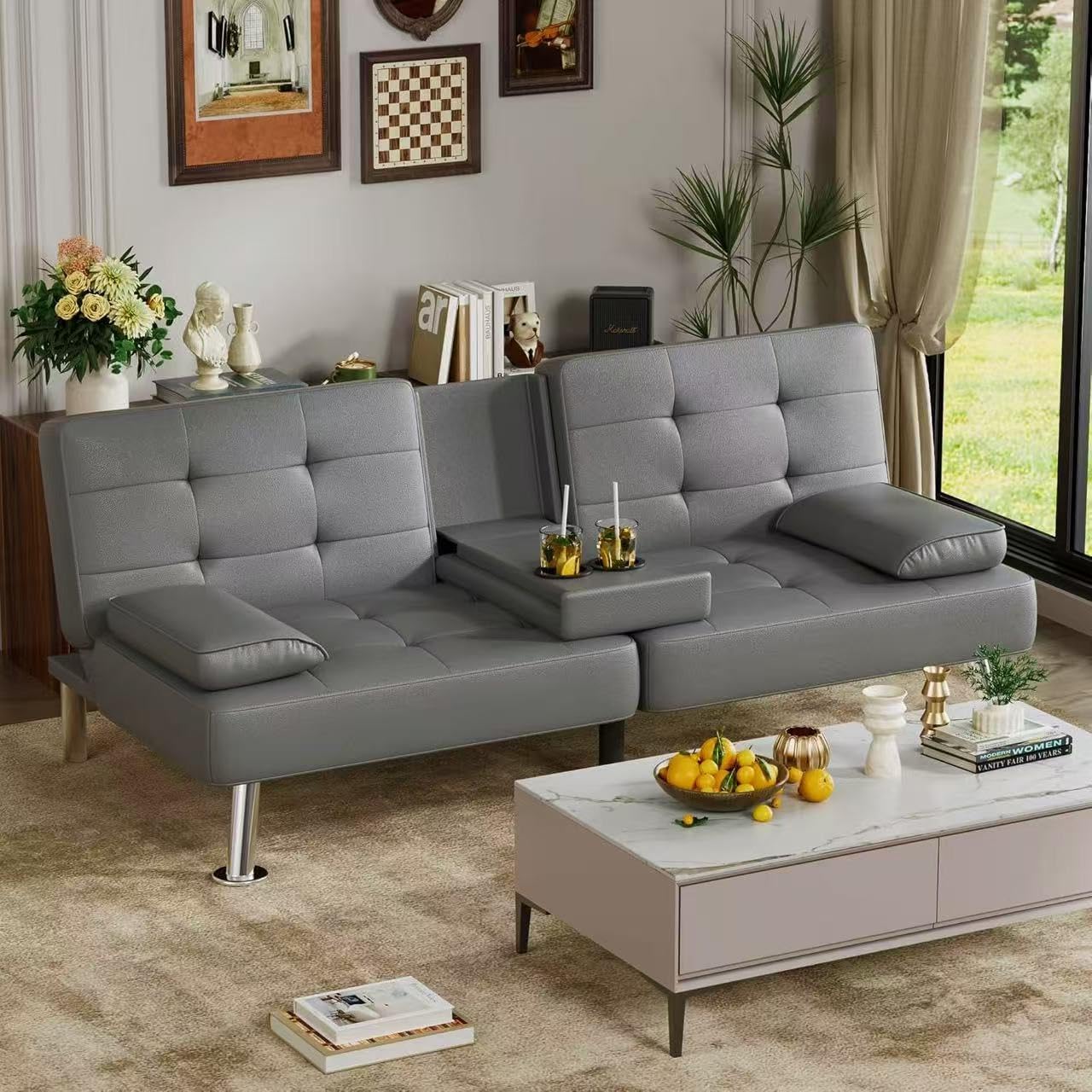 Homall Futon Sofa Bed, Leather Futon Couch with Removable Armrests, Adjustable Recliner Sleeper Sofa Bed with Dual Cup Holders for Living Room, Apartment