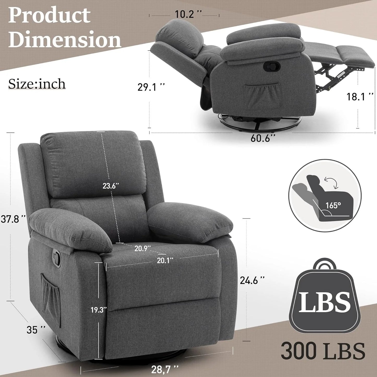 Reclining rocking chair 360 degree rotating fabric sliding reclining chair