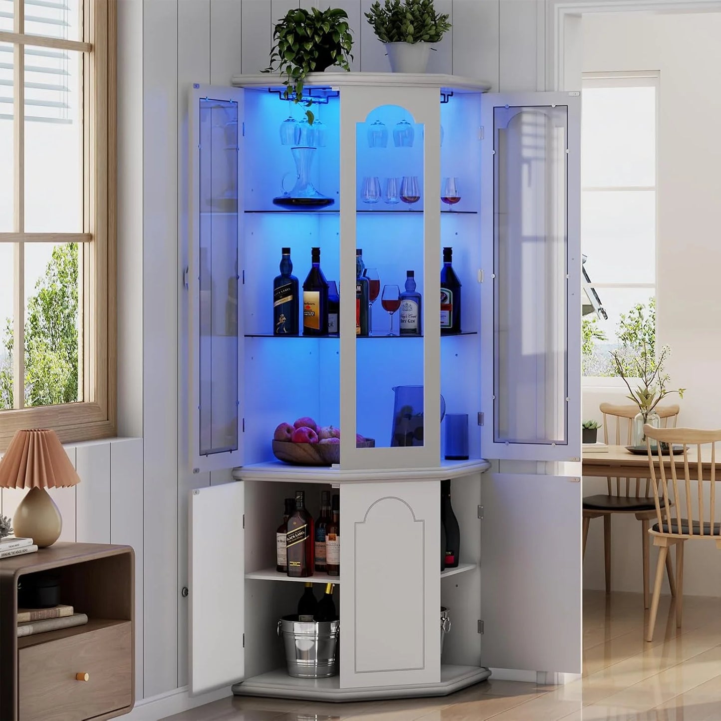 Corner wine cabinet with LED lights, tall modern wine cabinet, home bar wine storage cabinet