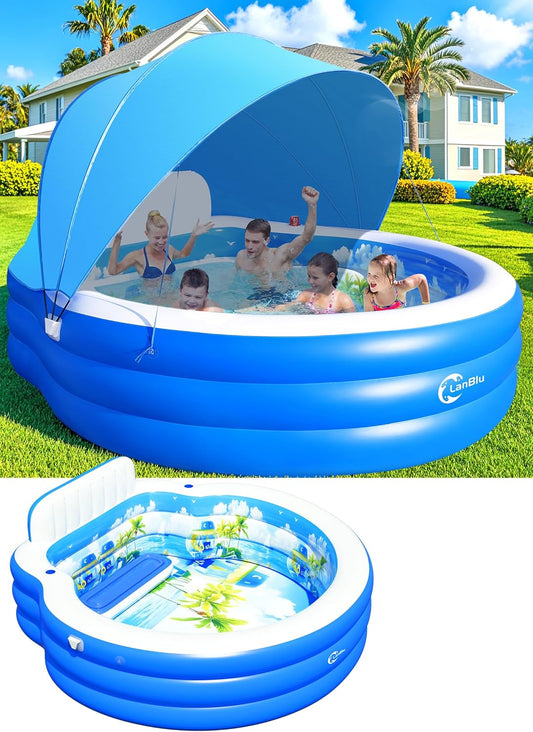 2025 Upgraded Inflatable Pool with Canopy, Inflatable Family Lounge Pool, Round Blow Up Pool for Adult with Bench & Backrest, Swim Center Easy Backyard Pools for Kids & Adults, 92"x92"x26", Blue