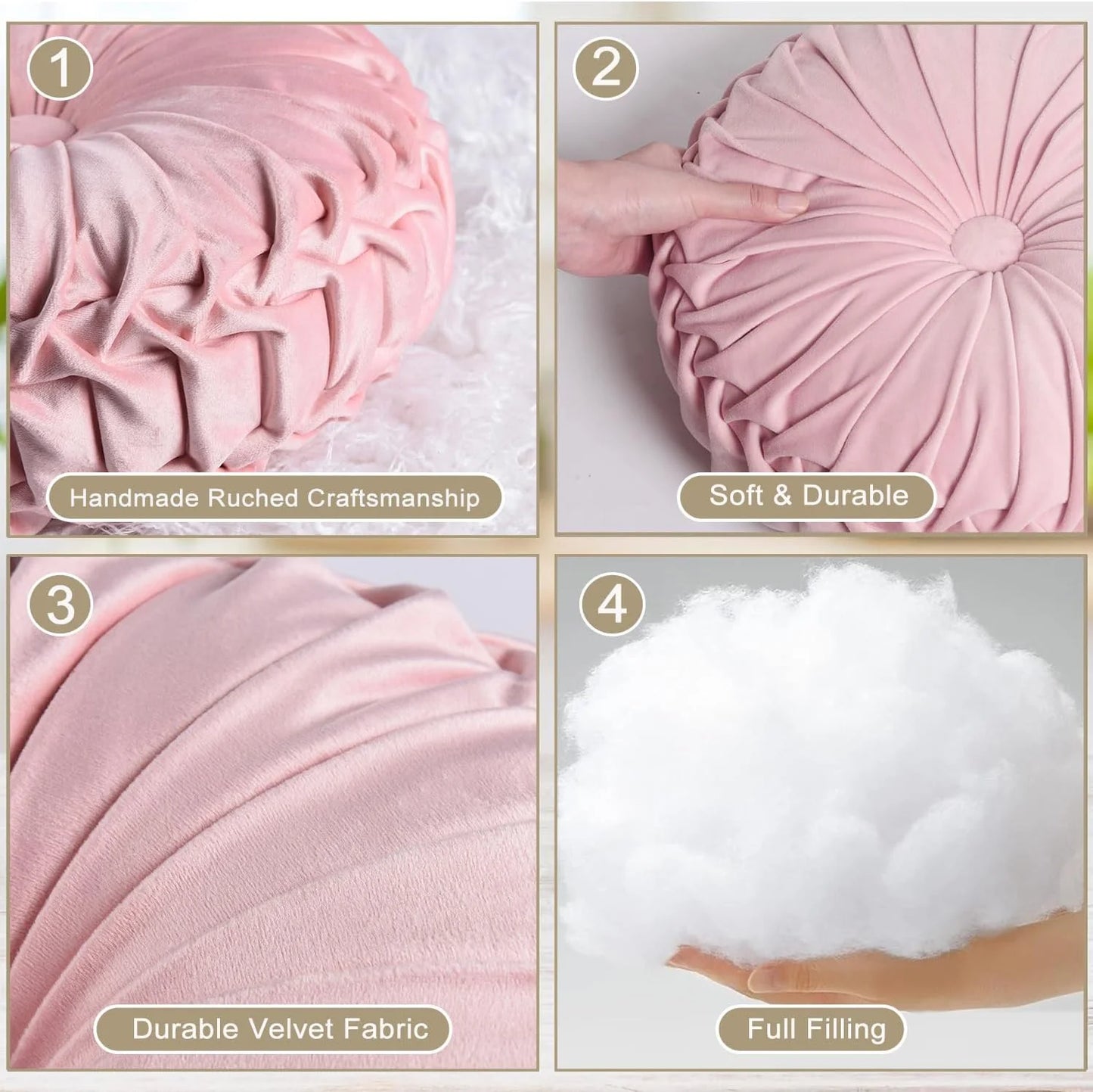 Set of 2 Decorative Round Pleated Throw Pillows