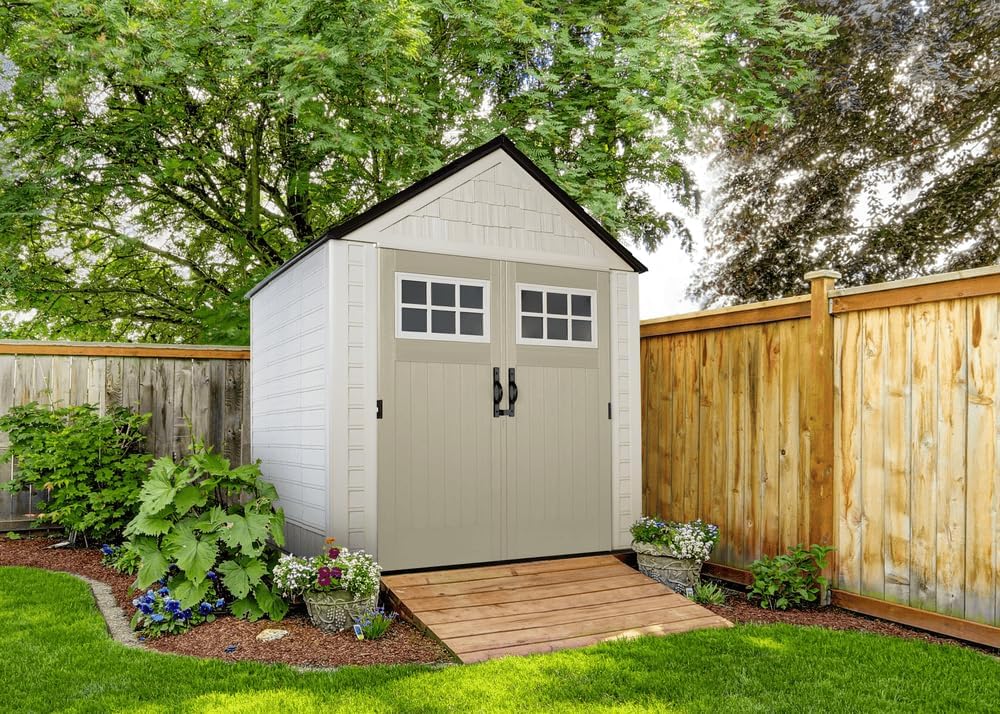 Rubbermaid Resin Outdoor Storage Shed With Floor (7 x 7 Ft) Weather Resistant Gray Organization for Home/Backyard/Garden Tools/Lawn Mower/Bike Storage/Pool Supplies