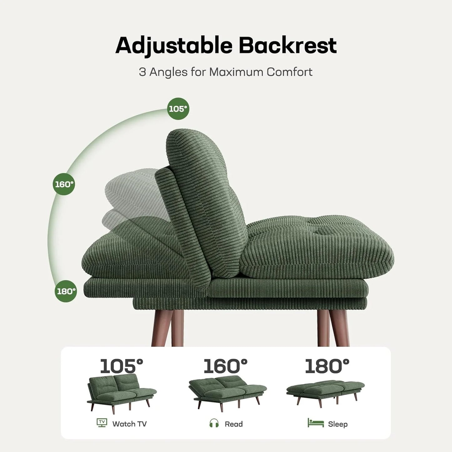Futon Sofa Bed, Futon Sofa with Adjustable Back and Armrests, Converts to Small Sleeper Sofa Bed Corduroy Loveseat Green
