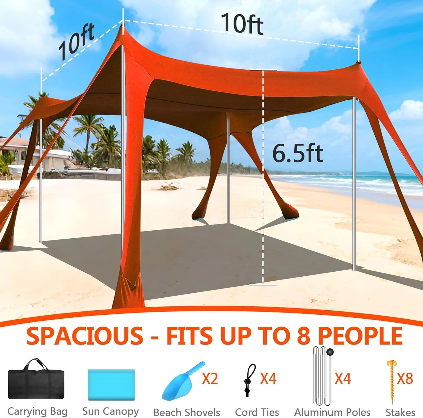 Beach Tent Sun Shelter, 10 x 10 FT Beach Canopy Tent Sun Shade Heavy Duty, UPF50+ Beach Tent Canopy with 8 Sandbags & 4 Stability Poles, Outdoor Beach Shade Canopy for Camping and Fishing, Blue