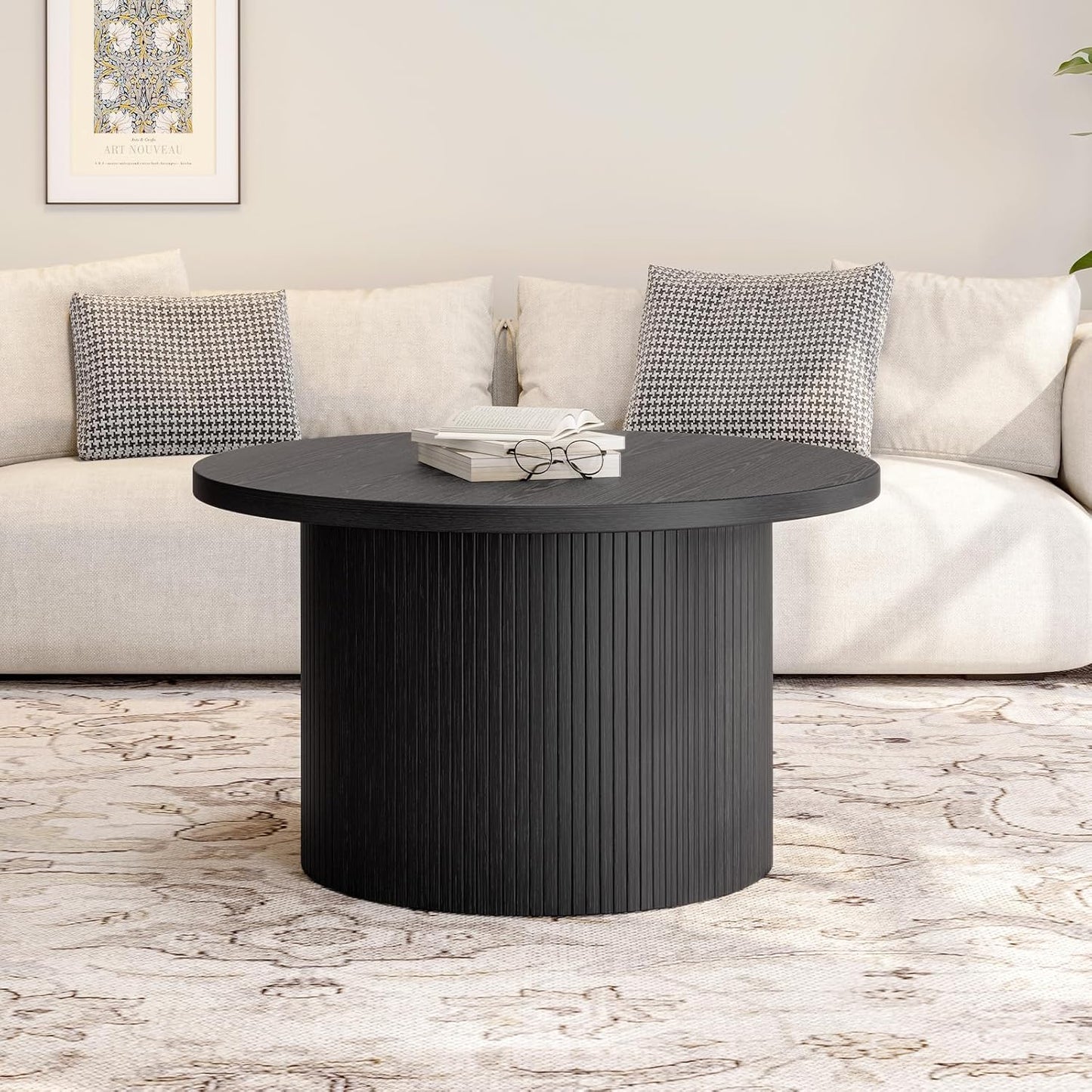 31.5 inch round coffee table, living room roll-up coffee table, mid-century modern wood coffee table