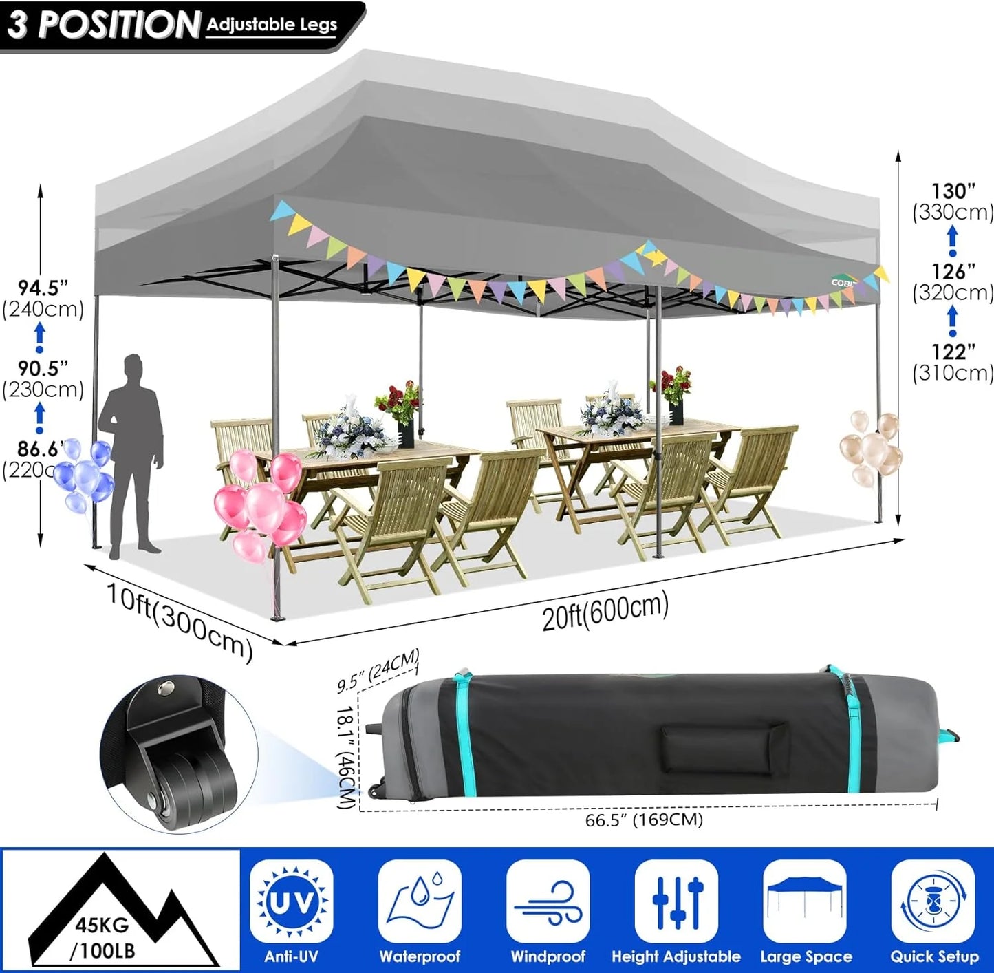 COBIZI 10x20 Heavy Duty Pop up Canopy Tent with 6 sidewalls Easy Up Commercial Outdoor Canopy Wedding Party Tents for Parties All Season Wind & Waterproof Gazebo with Roller Bag,Black(Frame Thickened)