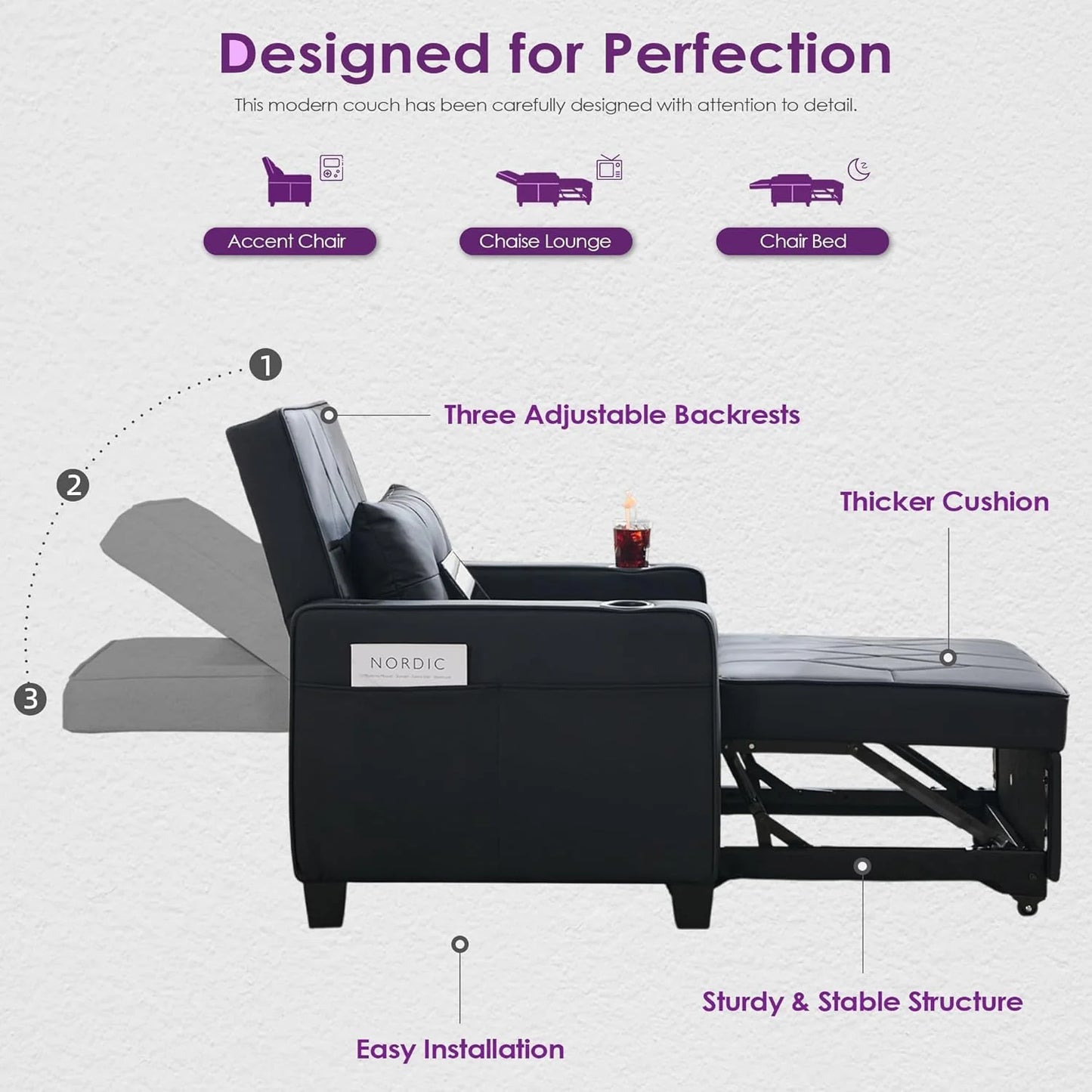 Adult Convertible Sleeper Chair Bed, 3-in-1 Pull-Out Sofa Bed with USB/Type-C Ports, Cup Holders, Side Pockets, Single Sofa