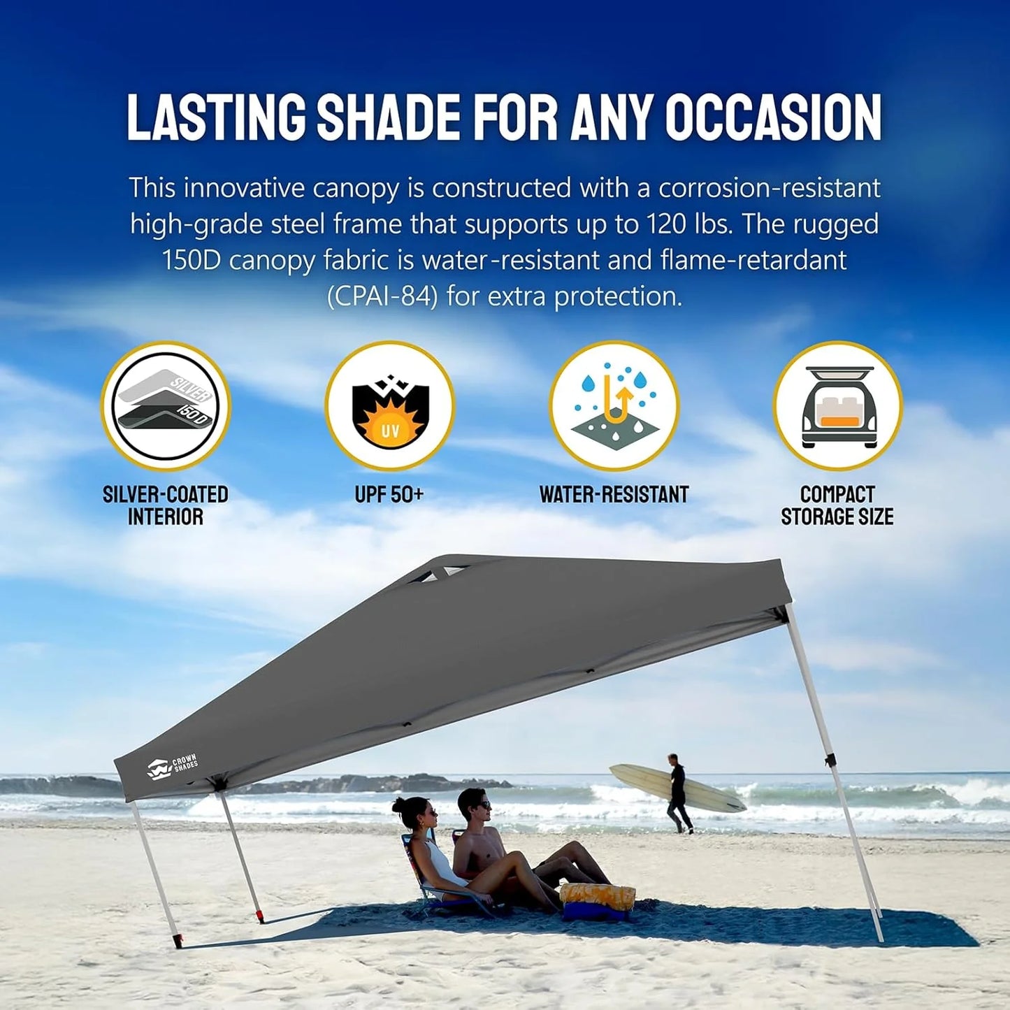 10x10 Pop-Up Awning - One-Click Installation Beach Tent - Outdoor Sunshade Silver Coated Top, 3 Heights and 4 Sand Pockets