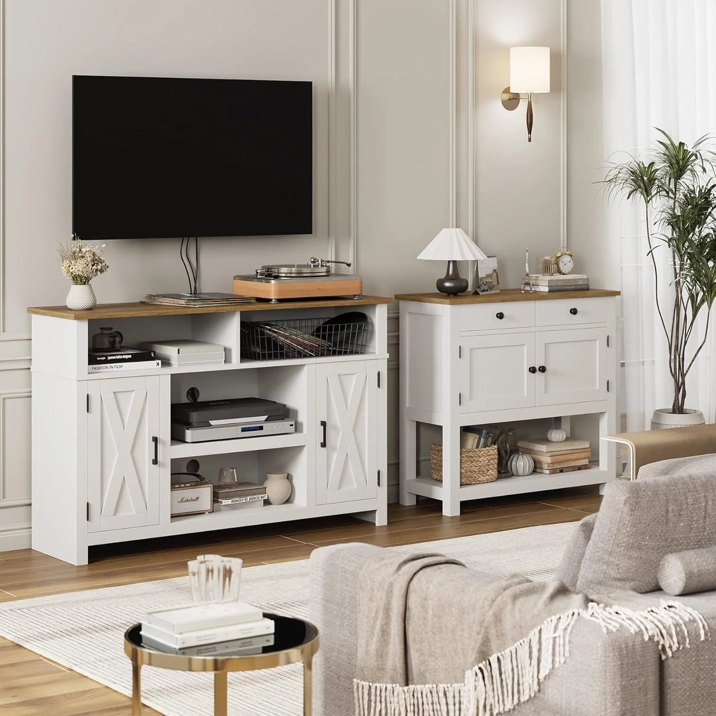 Farmhouse style console table coffee bar, entry table with storage rack, sofa table buffet sideboard