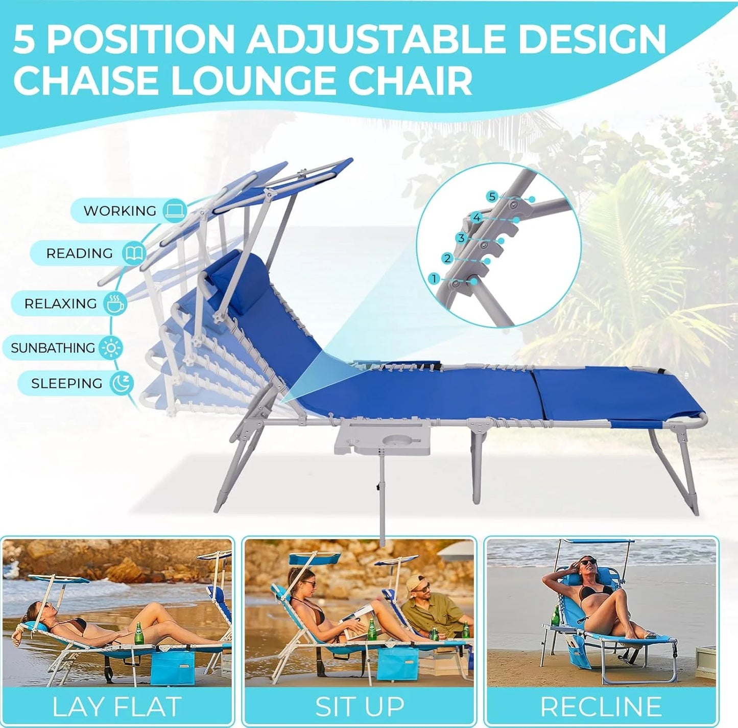2 Pack Outdoor Chaise Lounge Chair - Portable Folding Patio Pool Lounge Chair, 5 Positions Adjustable Reclining Camping Chair with Side Table,Shoulder Strap, Pillow for Beach Sunbathing Lawn