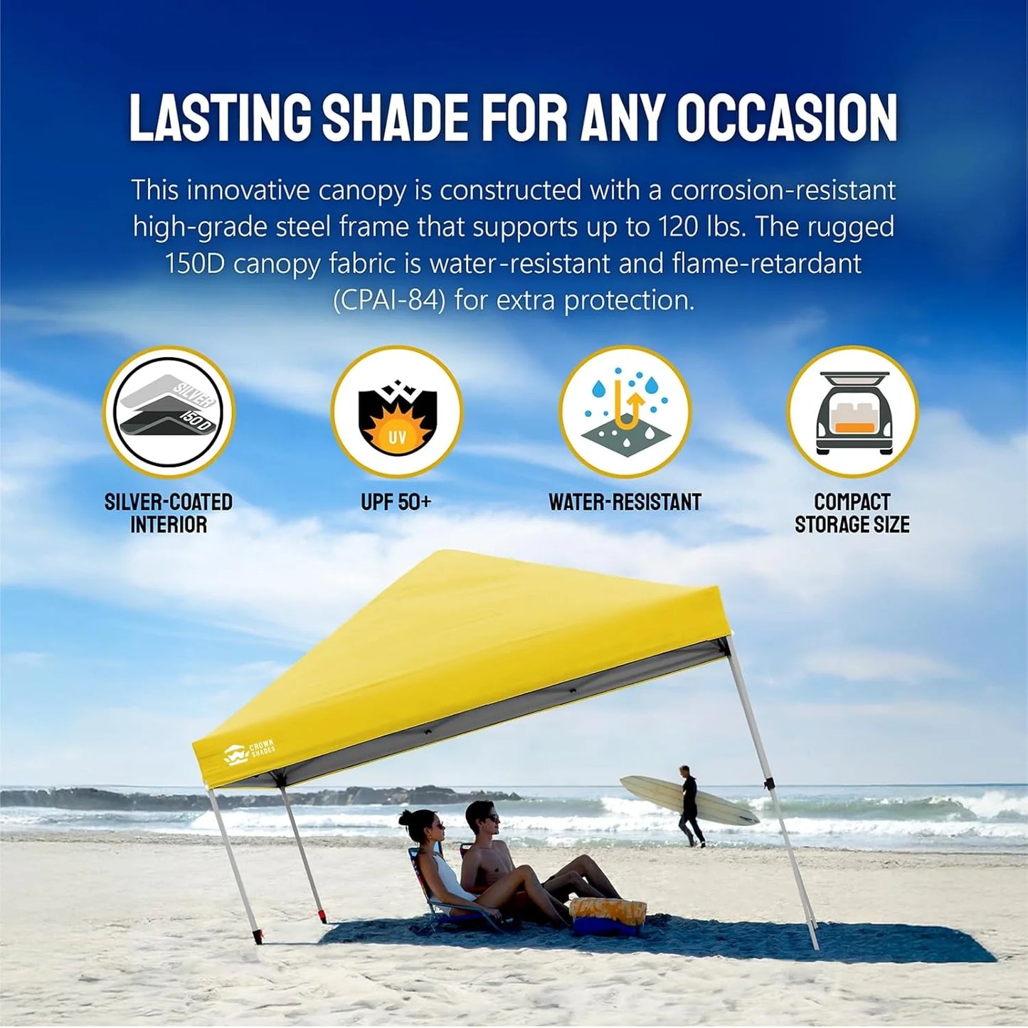 10x10 Pop-Up Awning - One-Click Installation Beach Tent - Outdoor Sunshade Silver Coated Top, 3 Heights and 4 Sand Pockets