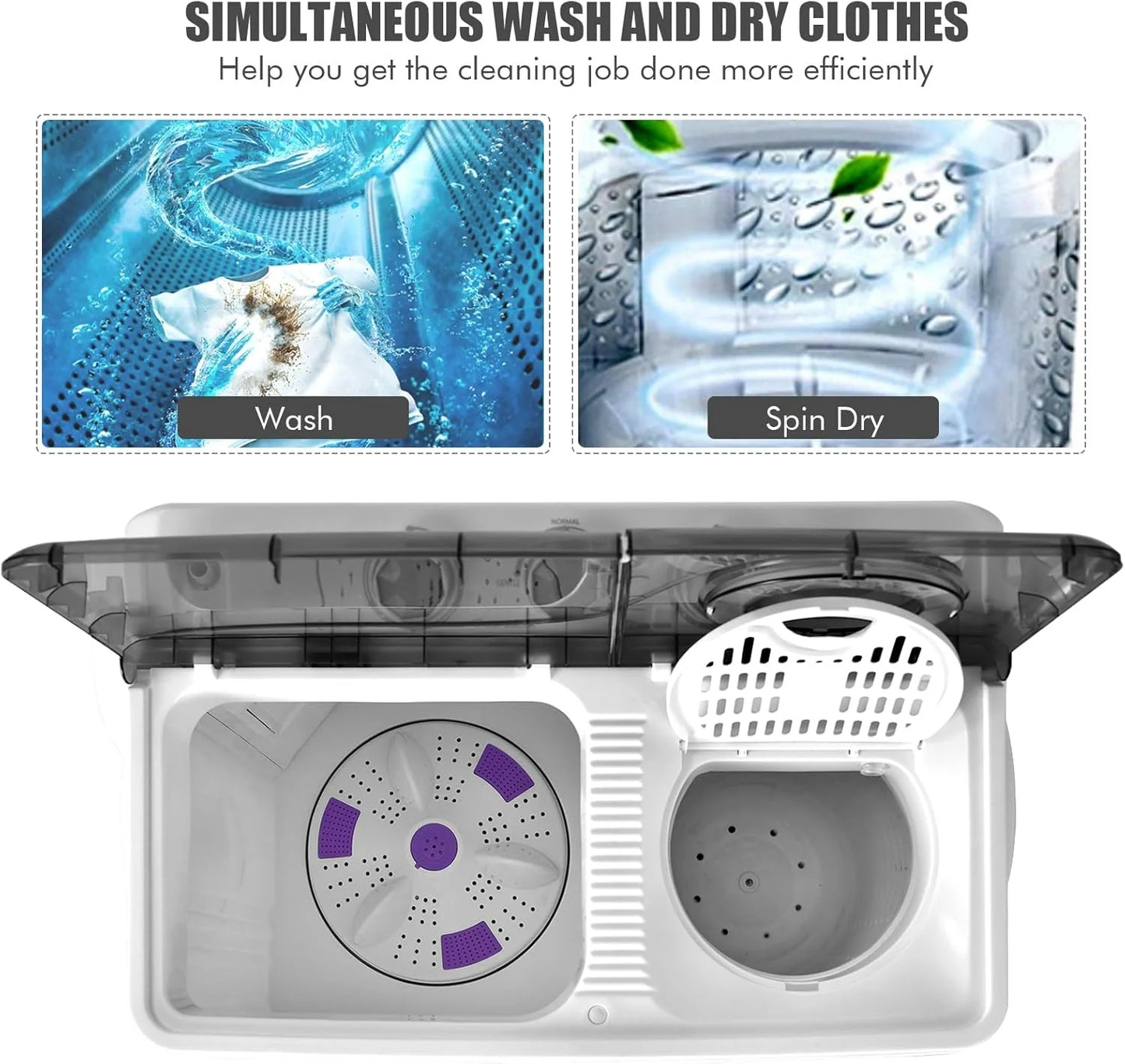 COSTWAY Double Tub 26 lb Capacity Laundry 18 lb 8 lb Spin Combo with Timer Knob Built-in Drain Pump Small Portable Washing Machine