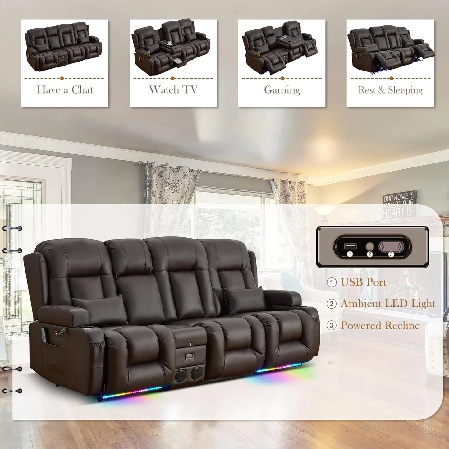 TUNYI Power Loveseat Recliner Sofa with Massage & Heat Home Theater Seating with Console Electric Recliner RV Sofa with USB/Outlet/Storage/Side Pocket/LED Light/Speaker (Brown, Loveseat)