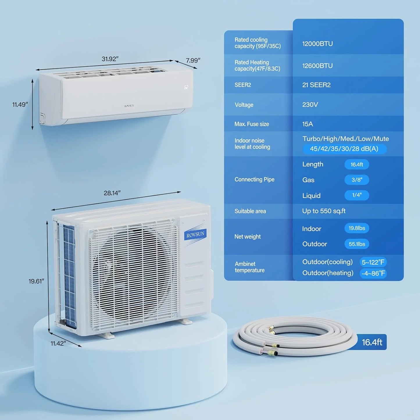 ROVSUN 9000 BTU Wifi Enabled Mini Split Air Conditioner & Heater with Inverter, 19 SEER2 Energy Saving 115V Ductless Split AC Unit with Pre-Charged Condenser, Heat Pump & Installation Kit