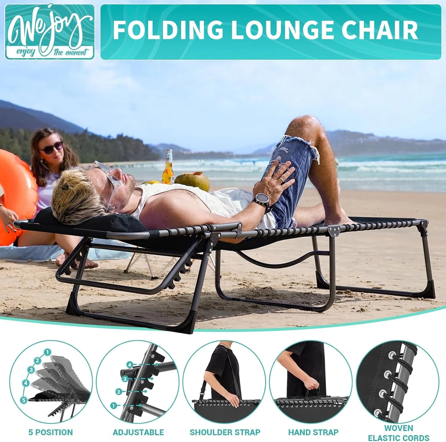 2 Pack Outdoor Chaise Lounge Chair - Portable Folding Patio Pool Lounge Chair, 5 Positions Adjustable Reclining Camping Chair with Side Table,Shoulder Strap, Pillow for Beach Sunbathing Lawn