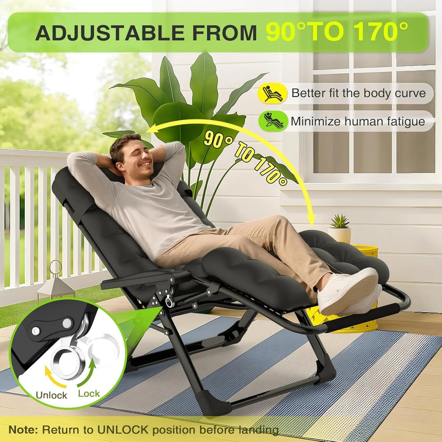 Indoor and outdoor patio chair folding lounge chair zero gravity chair with removable cushion camping lounge chair