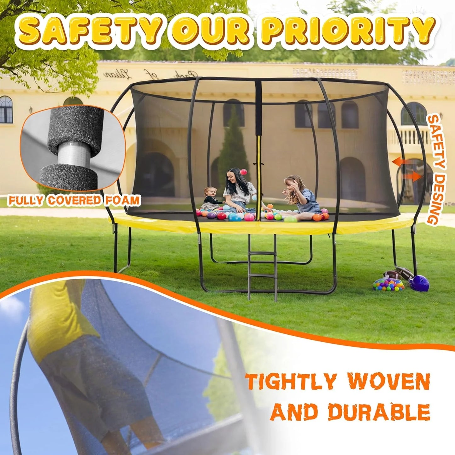 Trampoline 8FT 10FT 12FT 14FT 16FT, Recreational Trampolines with Enclosure Net and Ladder, Outdoor Anti-Rust Trampolines for Kids and Adults, ASTM Approved