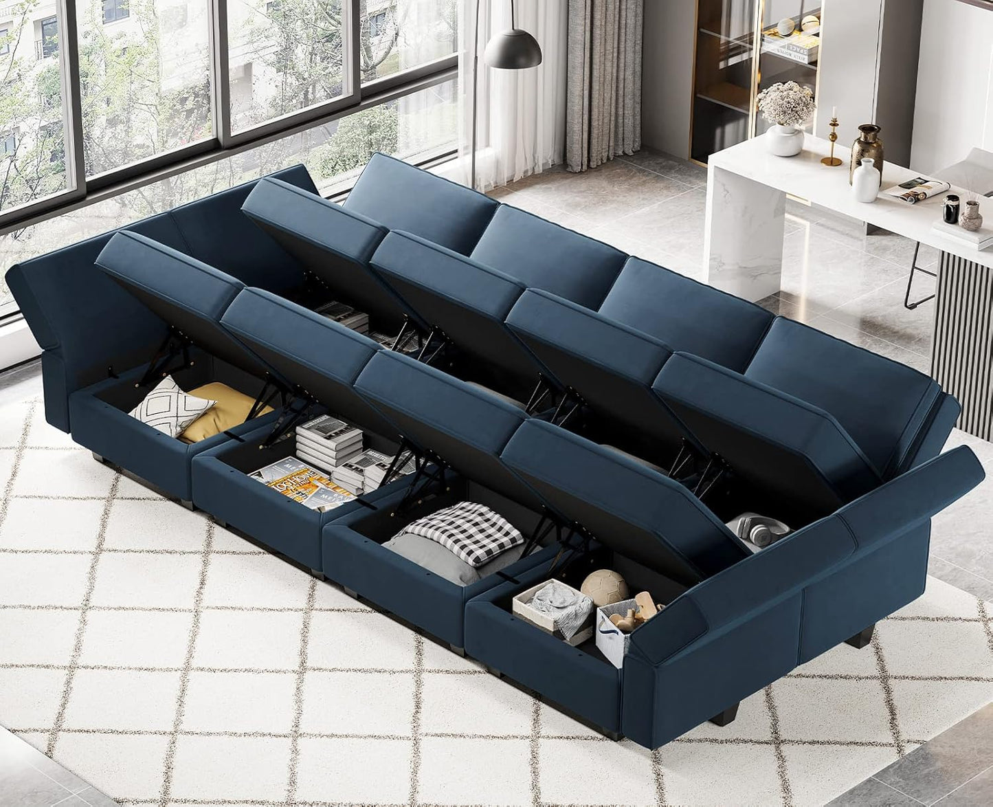 Belffin Modular Sectional Sofa with Ottomans Velvet Reversible Sleeper Chaise Bed Storage Seat Black