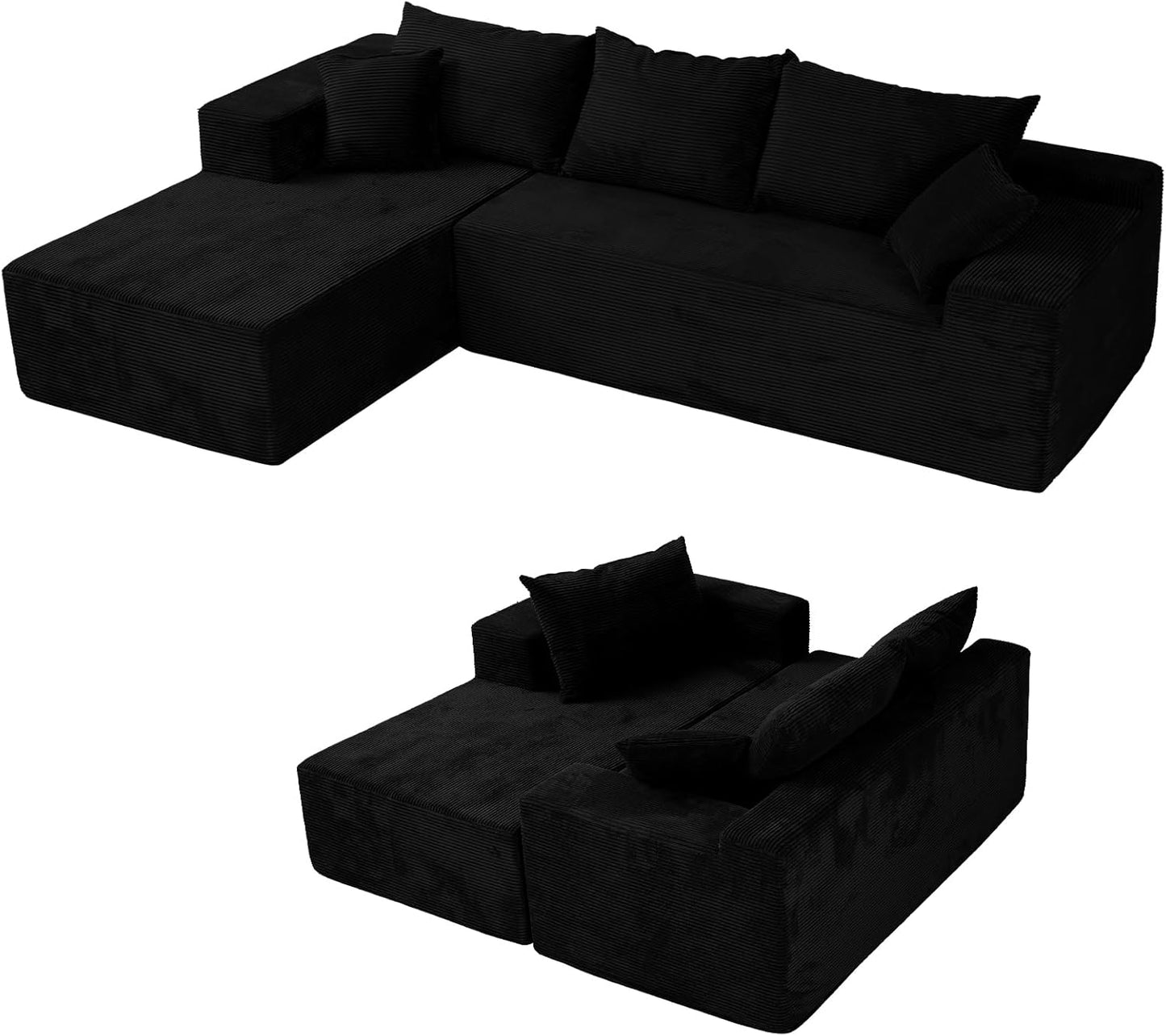 Cloud sofa with L-shaped lounge chair, modern modular sofa with deep seats
