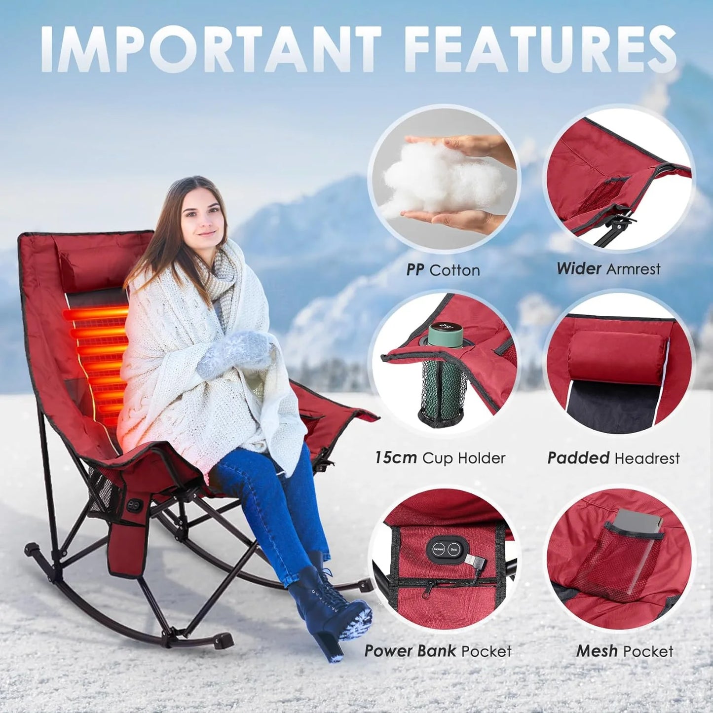 Heated Camping Chair, Extra Large Heated Chair Outdoor Sports Chair with 3 Heat Levels on Back and Seat, Portable Folding Heated Outdoor Chair (Batteries Not Included)
