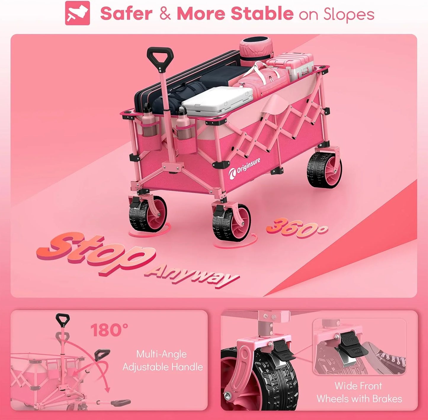 38" long foldable four-wheel stroller, foldable, 460 lb capacity, 220 liter heavy-duty folding beach stroller with large all-terrain tires