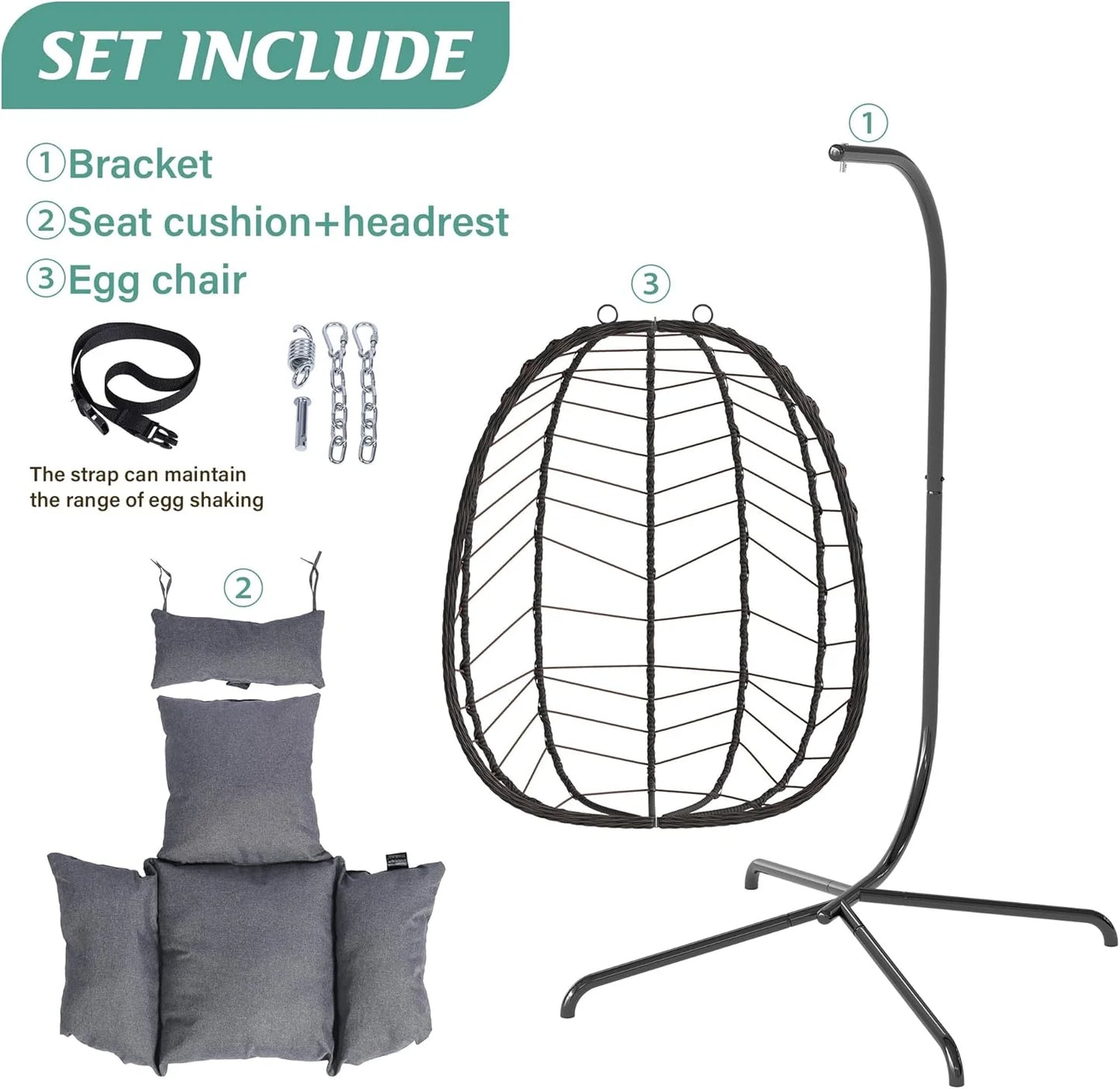 Hanging Egg Chair with Stand, Swinging Egg Chair Outdoor Indoor, Hanging Basket Chair with Cushion, Patio Wicker Hammock Chair 350lbs Capacity for Bedroom, Balcony, Backyard, Garden (Grey)