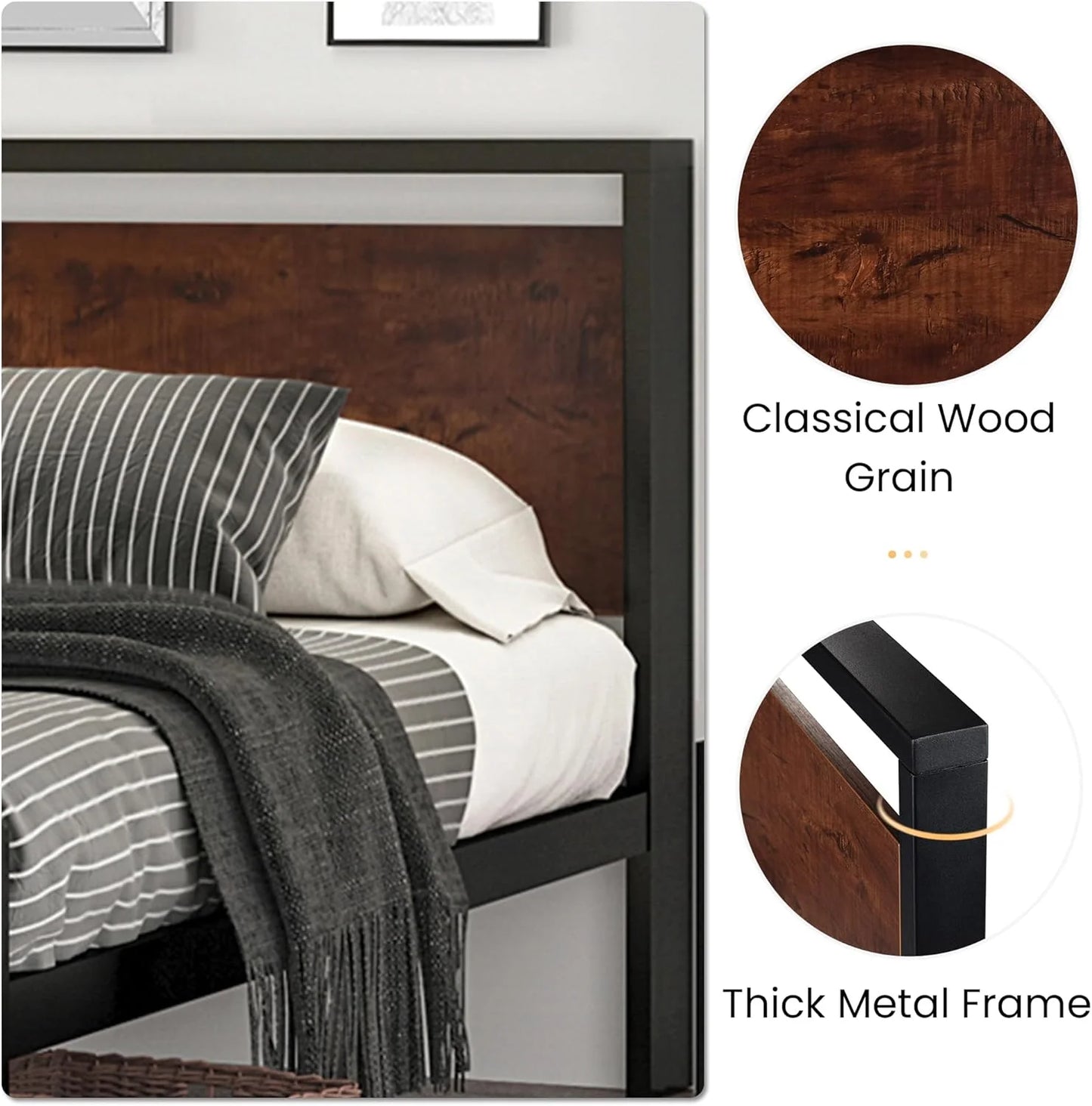 SHA CERLIN 14 Inch Full Size Metal Platform Bed Frame with Wooden Headboard and Footboard, Mattress Foundation, No Box Spring Needed, Large Under Bed Storage, Non-Slip Without Noise, Mahogany