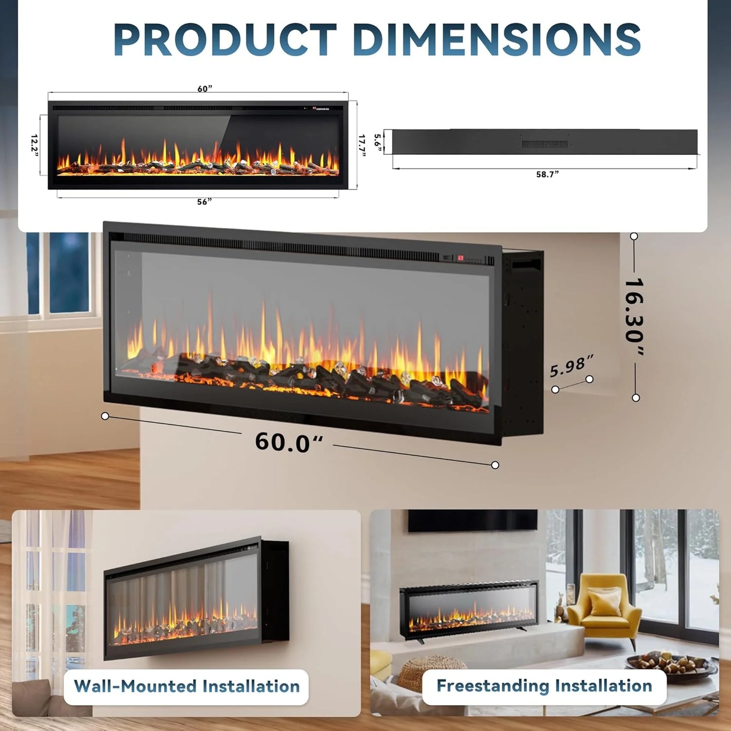EUHOMY 50 Inch Electric Fireplace Wall Recessed and Wall Mounted with Adjustable Flame Color, Fireplace Heater with Remote Control, Linear Fireplace with Timer, Touch Screen, Log & Crystal, 750/1500W