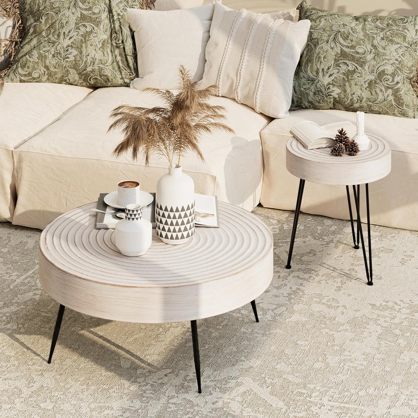 Two-Piece Modern Farmhouse Living Room Coffee Table Set, Round Nesting Tables