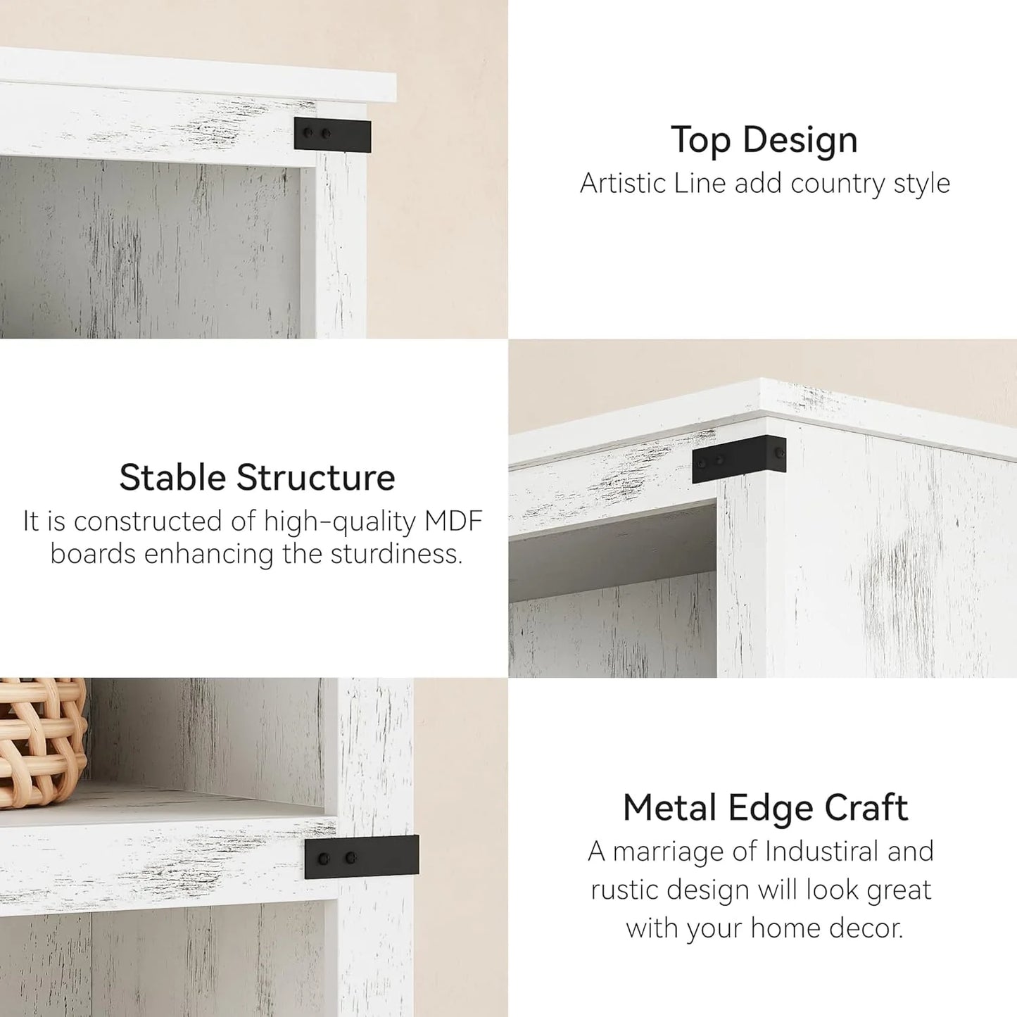 5 Tier Bookcase Farmhouse Book Shelf with Storage Open Display Bookshelves