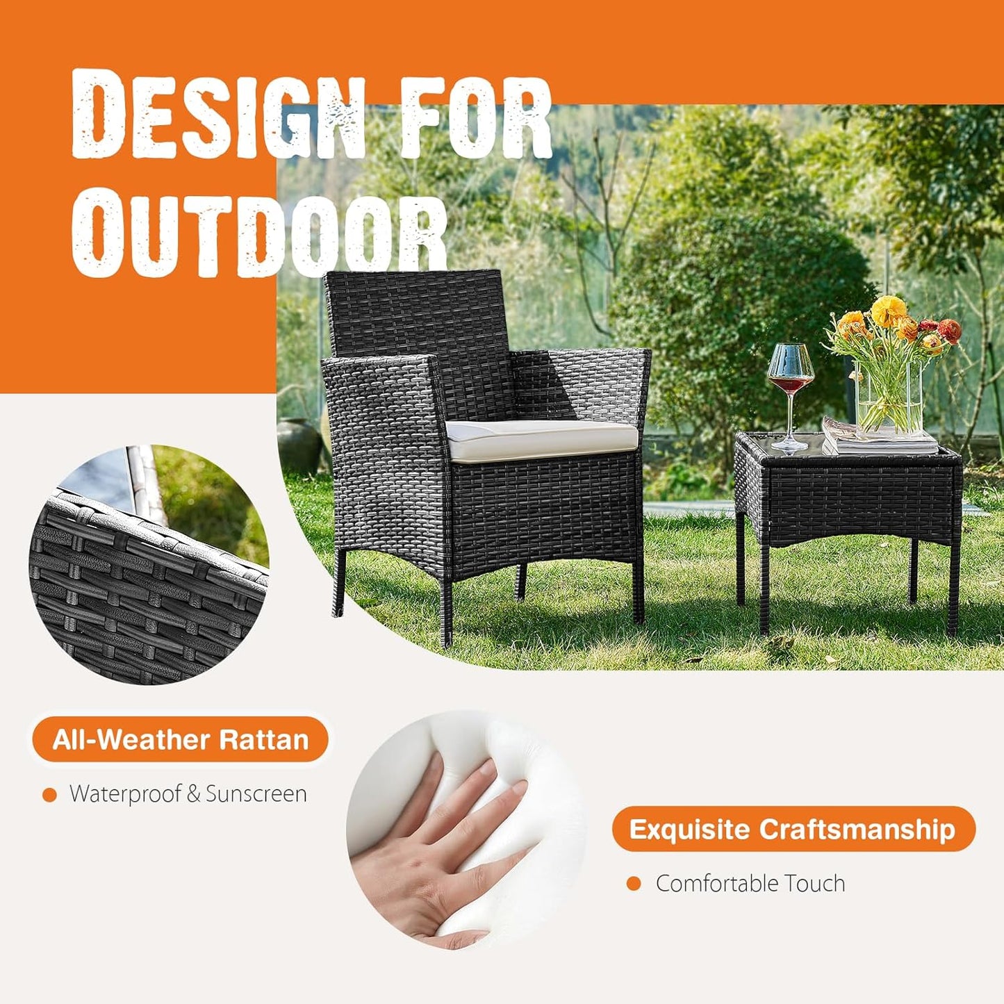 Sweetcripy Patio Furniture Set 3 Pieces, Outdoor Furniture with Soft Cushion and Glass Table, All Weather Manual Weaving Wicker Rattan Patio Chairs for Garden, Terrace, Porch(Black and Beige)