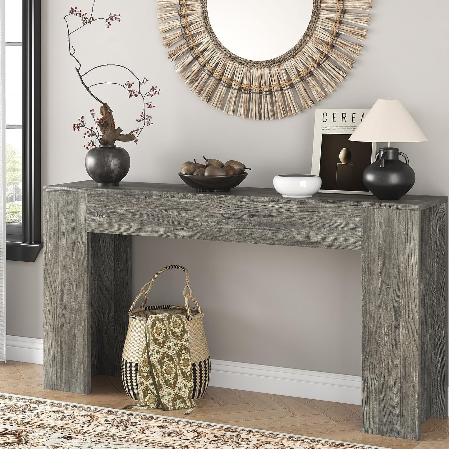 63-Inch Long Console Table with LED Light Farmhouse Sofa Table Behind Couch