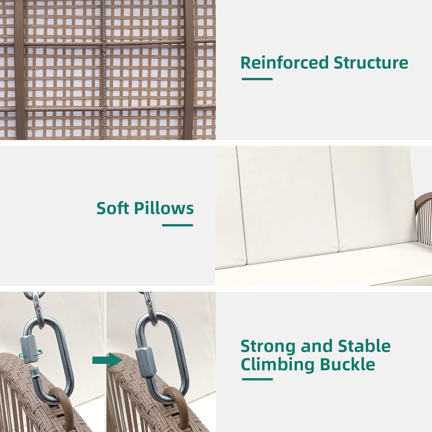 YITAHOME Hanging Porch Swing Chair Sits 3 People, Wicker Outdoor Swing Bench, Patio Lounge Chair, 1 Seating Cushion and 3 Back Cushions, w/Removable Covers, for Garden, Balcony, Backyard, Brown