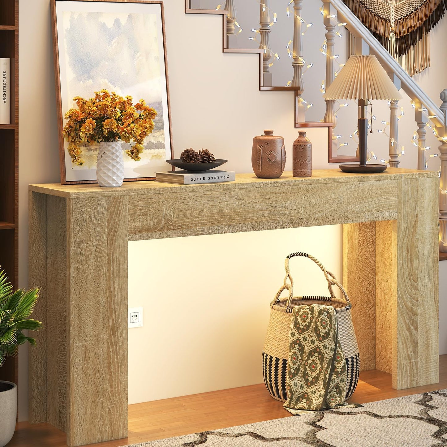 63-Inch Long Console Table with LED Light Farmhouse Sofa Table Behind Couch