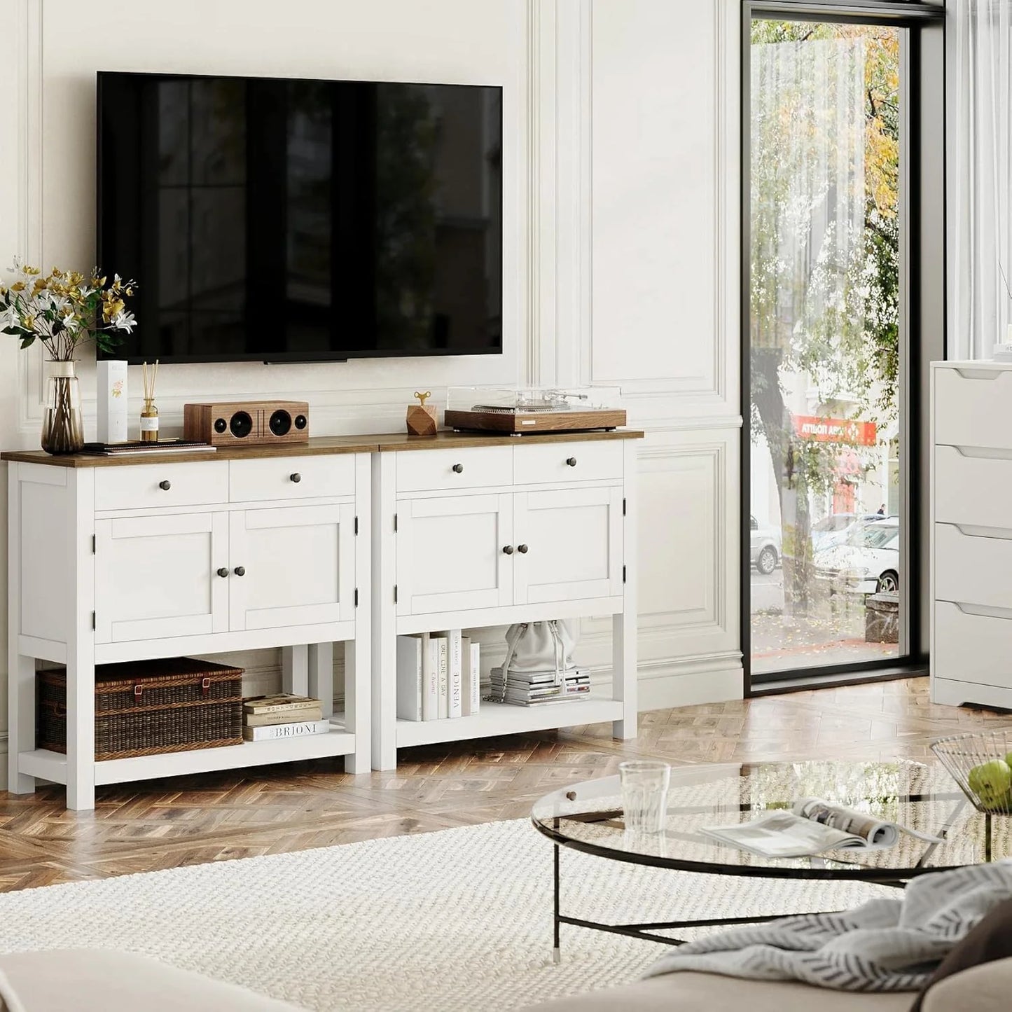 Farmhouse style console table coffee bar, entry table with storage rack, sofa table buffet sideboard