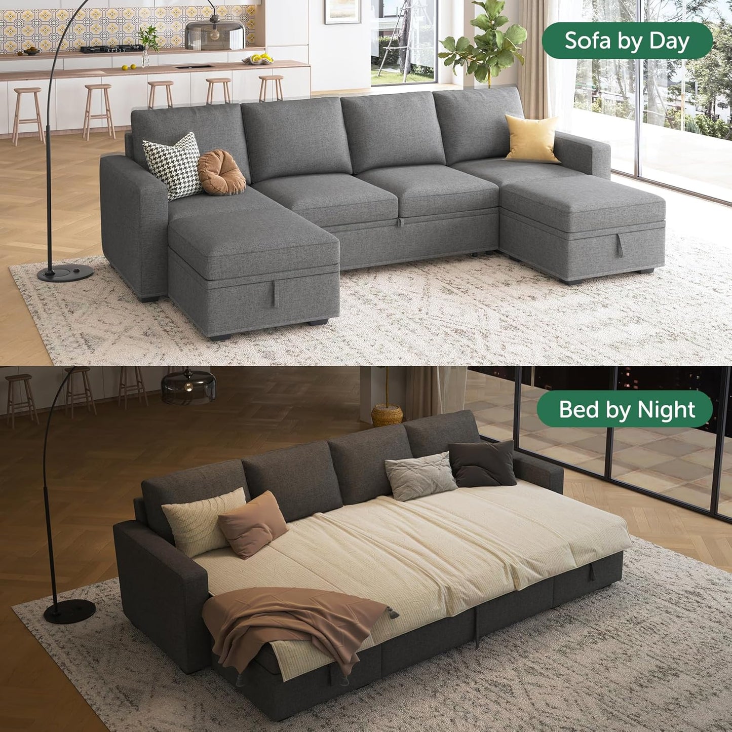 HONBAY Modular Sectional Sleeper Sofa with Pull Out Bed, L Shaped Couch with Storage Seat, Convertible Sectional Couches for Living Room
