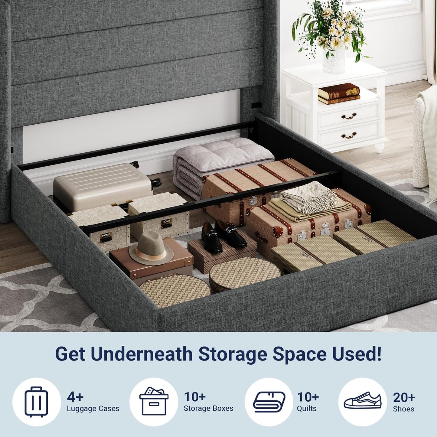 Allewie Queen Size Lift Up Storage Bed, Modern Wingback Headboard, Hydraulic Support, No Box Spring Needed, Light Beige