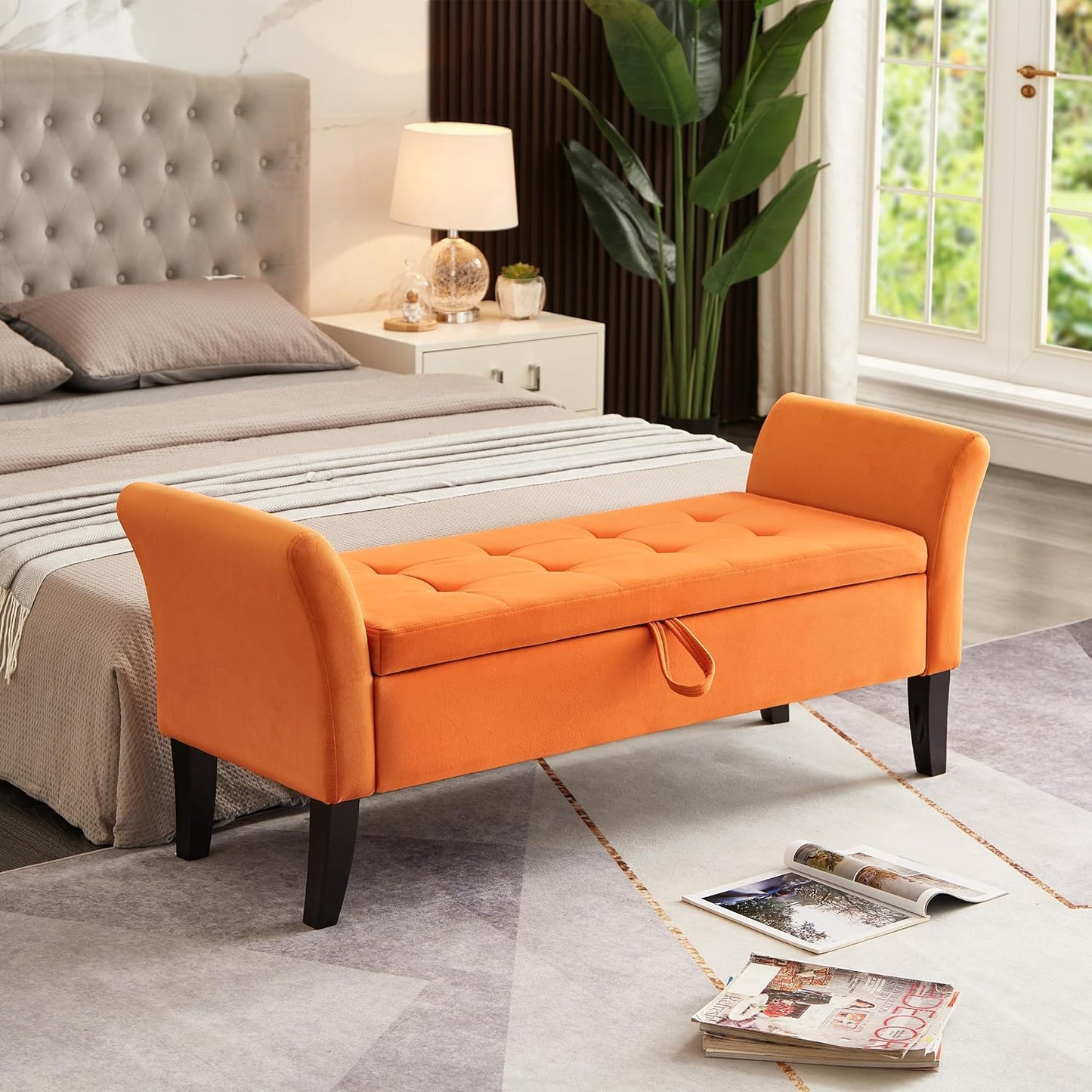 Furniliving Modern Storage Ottoman Bench, Sherpa Ottoman End of Bed Bench with Solid Wood Legs Upholstered Ottoman Benches with Storage Indoor Bench