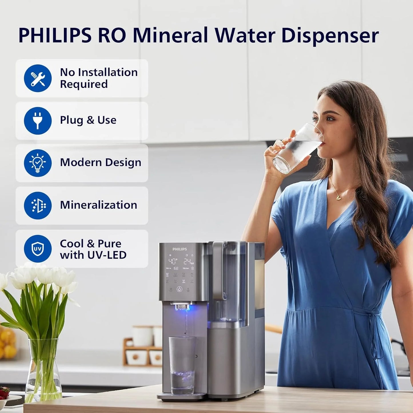Reverse osmosis water filter countertop, Philips 5-inch water filtration system purifier