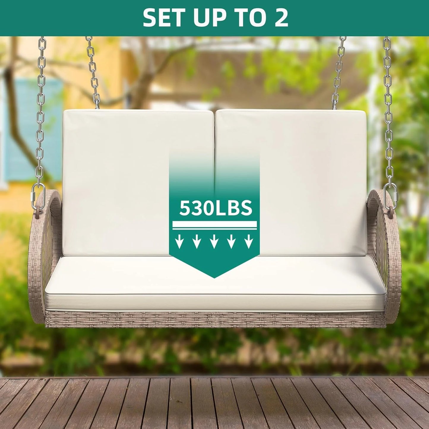 YITAHOME Hanging Porch Swing Chair Sits 3 People, Wicker Outdoor Swing Bench, Patio Lounge Chair, 1 Seating Cushion and 3 Back Cushions, w/Removable Covers, for Garden, Balcony, Backyard, Brown