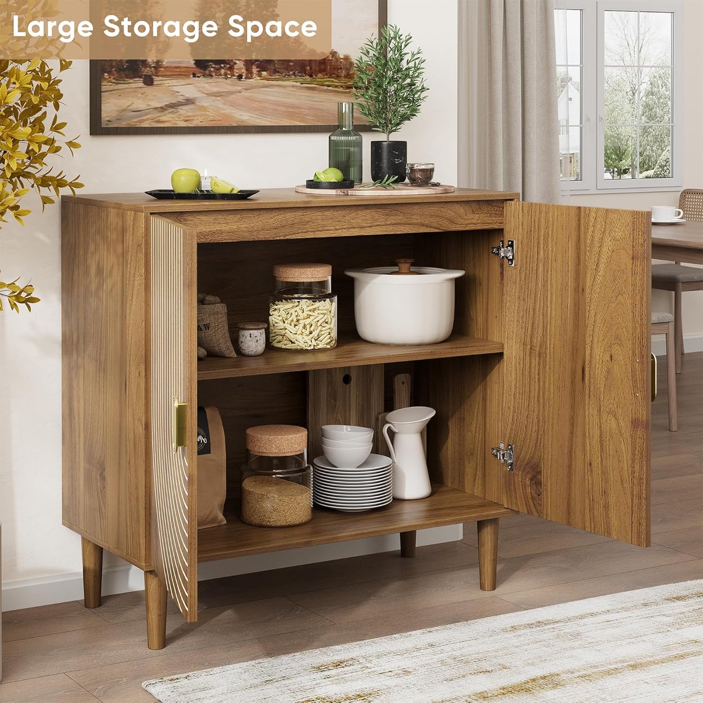 Walnut sideboard, freestanding dining cabinet with cable channel design, wooden storage cabinet with adjustable shelves