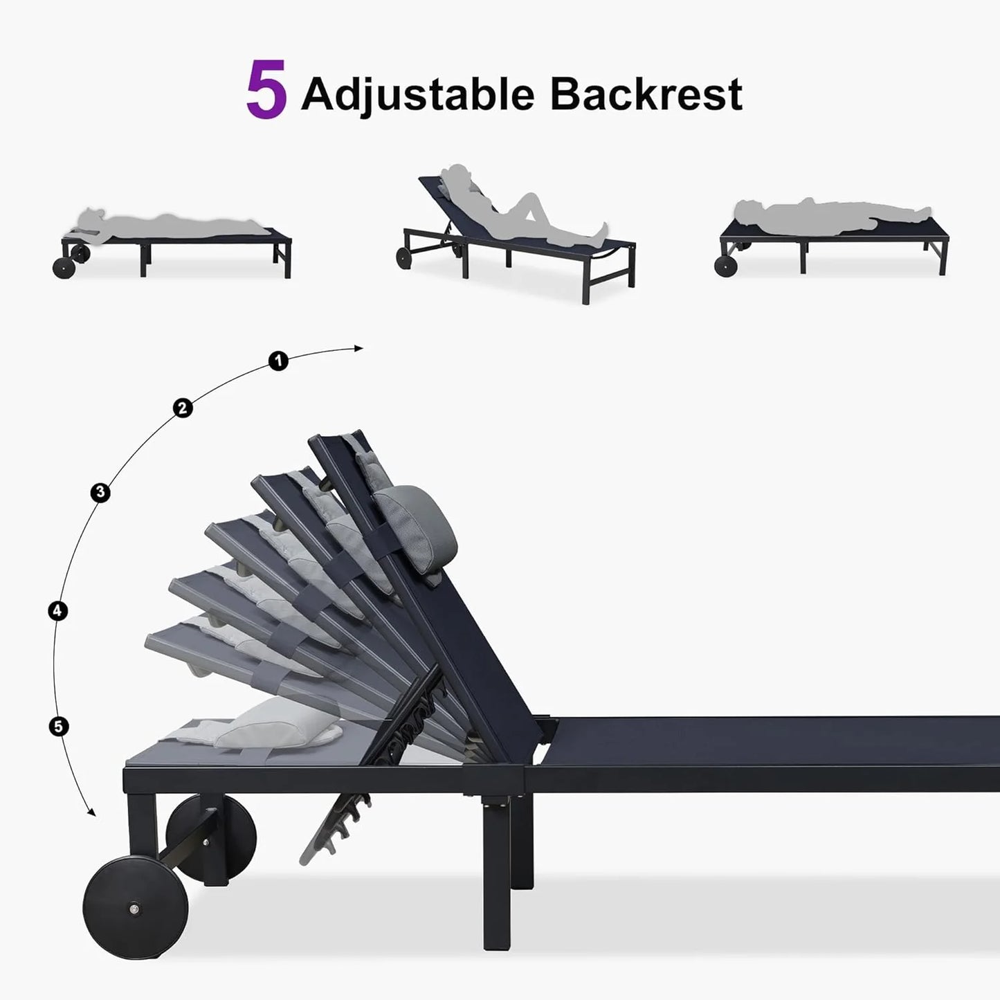 PURPLE LEAF Patio Tanning Lounge Chair Set with Face Down Hole Outdoor Aluminum Adjustable Reclining Chairs Wheels Pillows and Table for Poolside Beach Sunbathing Lounger, Beige