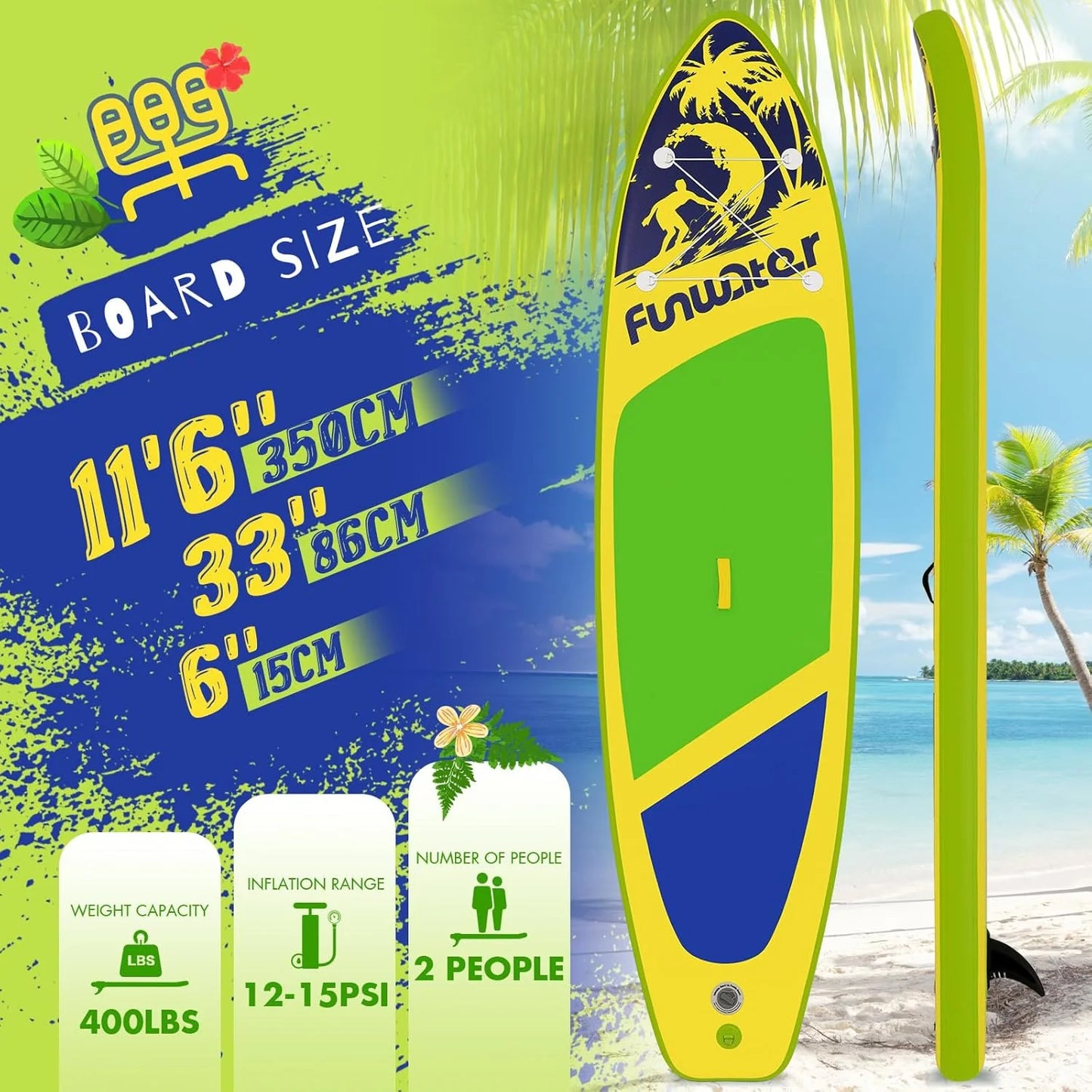 FunWater Inflatable Stand Up Paddle Board with Premium SUP Paddle Accessories, Non-Slip EVA Deck, 11'/10'6' Paddle