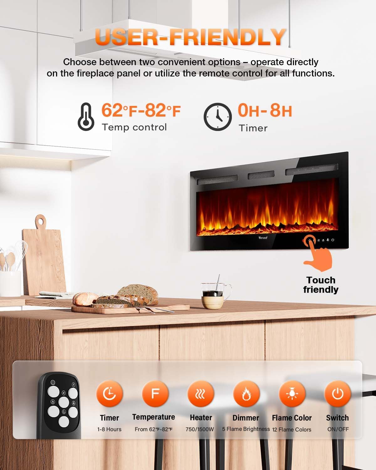 Electric Fireplace 60Inch,Wall Mounted Electric Fireplace Heater with Timer Inserts，TV Stand Touch Screen and Realistic Flame,Log Set,Crystal Flames 750 to 1500W，Remote for Living Room