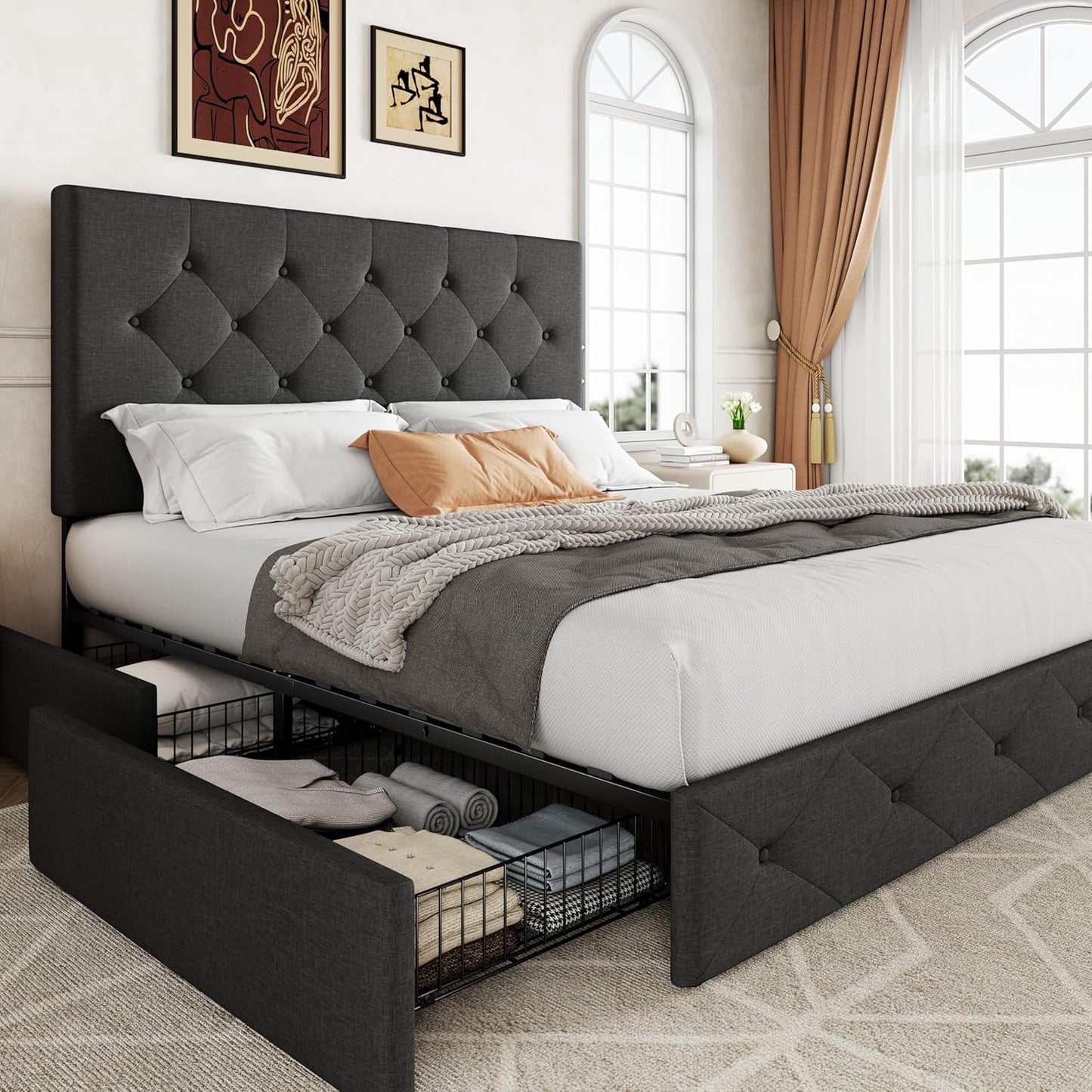 Allewie Upholstered Queen Size Platform Bed Frame with 4 Storage Drawers and Headboard, Square Stitched Button Tufted, Mattress Foundation with Wooden Slats Support, No Box Spring Needed
