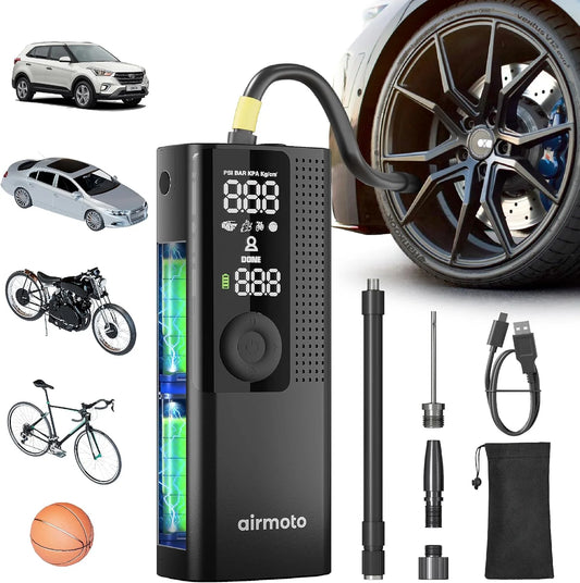 Airmoto Tire Inflator Portable Air Compressor Car Tire Air Pump with Digital Pressure Gauge, LED Light and Auto Shutoff