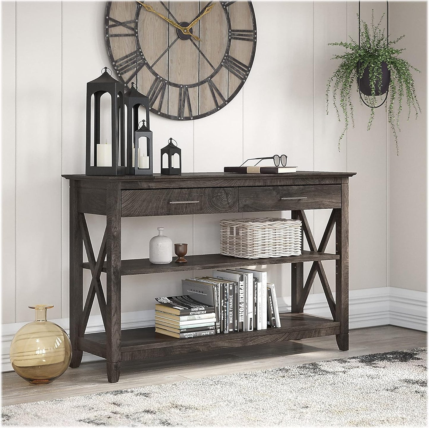 Key West Console Table with Drawers and Shelves in Linen White Oak