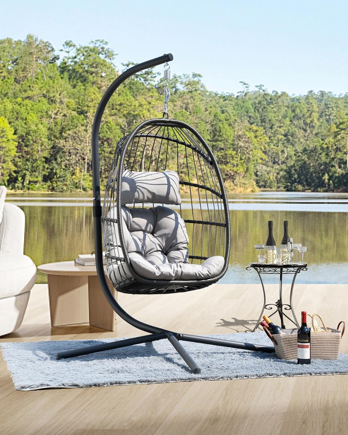 HWB Hanging Egg Chair with Stand, Patio Wicker Hammock Egg Swing Chair with Cushion for Bedroom Garden Indoor Outdoor (Beige)