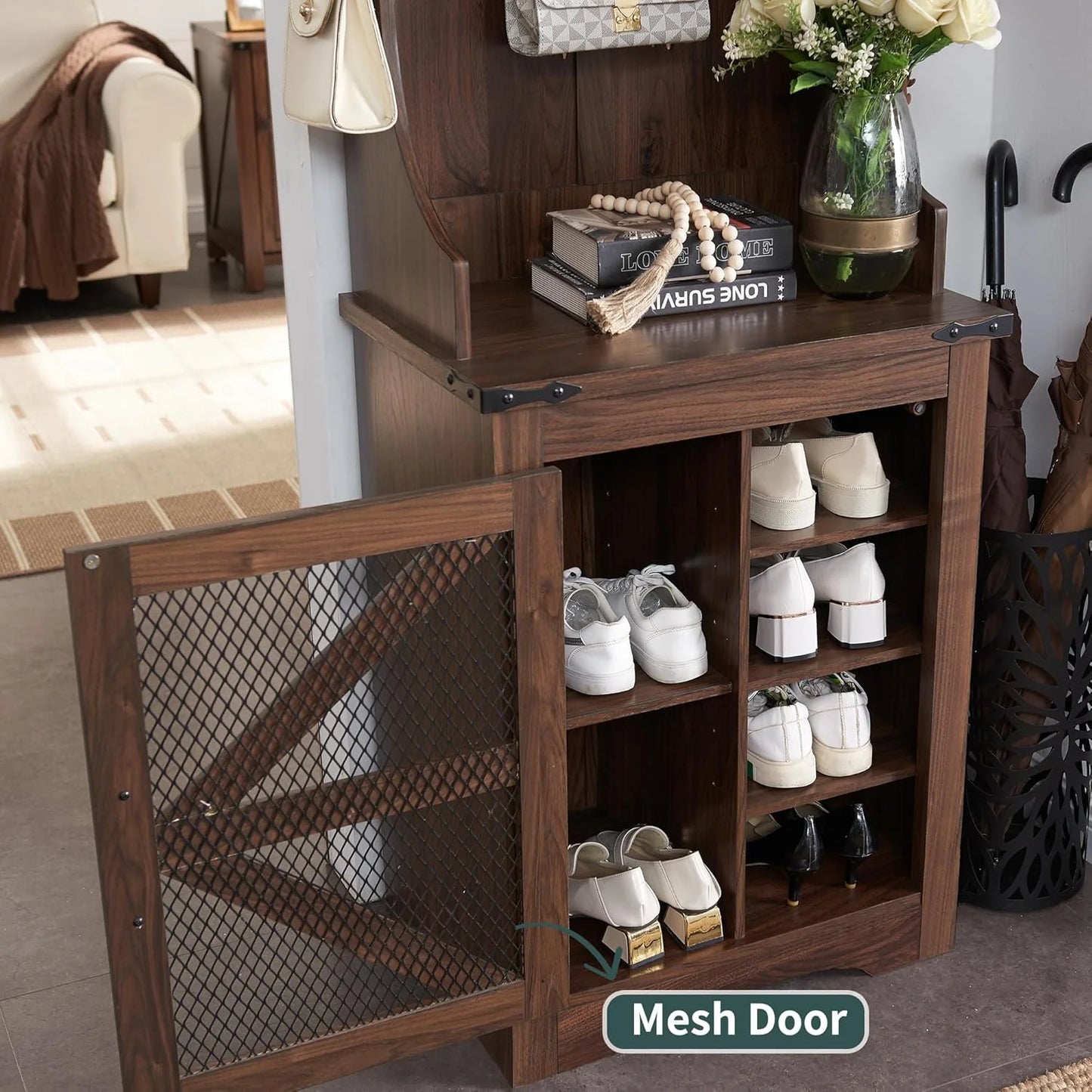 JXQTLINGMU 59-inch Farmhouse Foyer Tree with Shoe Storage, Entryway Bench Foyer Coat Rack Cabinet