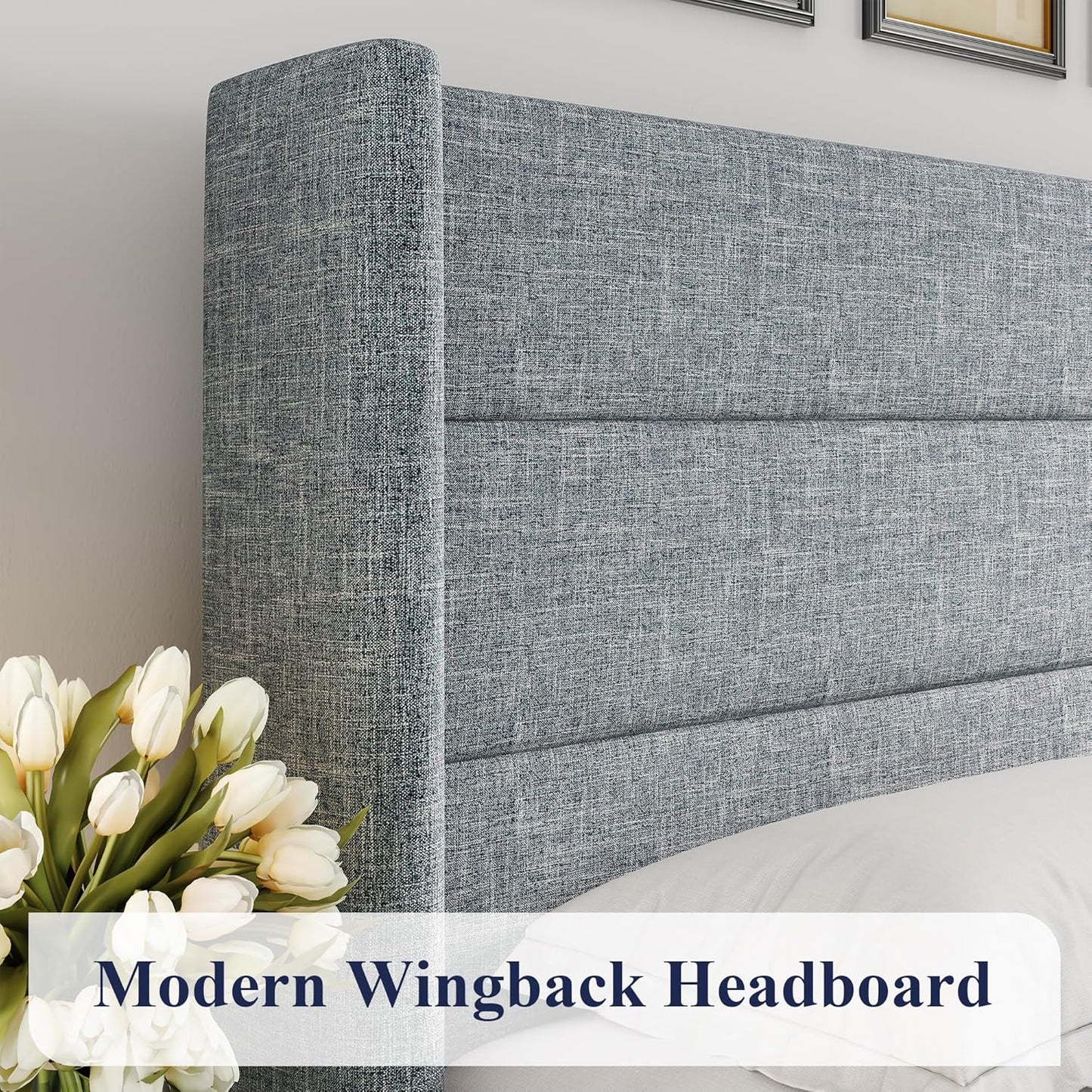 Allewie Queen Size Lift Up Storage Bed, Modern Wingback Headboard, Hydraulic Support, No Box Spring Needed, Light Beige